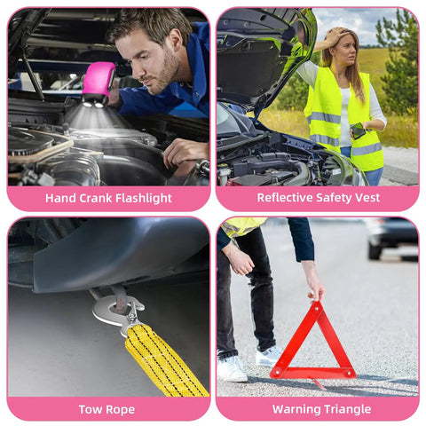 Pink Car Emergency Kit With Jumper Cables And Tow Strap, Roadside Safety Tools showing flashlight, safety vest, tow rope, warning triangle