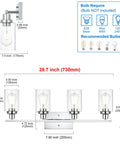 Three Light Brushed Brass Wall Sconce With Clear Glass Shades, dimensions labeled, for indoor use, bulb specifications shown.