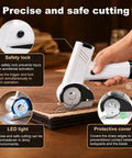 Top Rated Cordless Electric Scissors With 4 Speed Settings And Five Spare Blades showing safety lock, LED light, and protective cover for safe cutting.