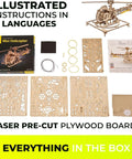 Mini Helicopter 3D Puzzle Kit For Hobbyists And Aviation Fans With Realistic Rotors And Cockpit, adjustable searchlight, plywood boards and instructions