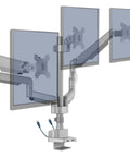 Clean Workspace Upgrade Featuring Versatile Triple Monitor Pole Stand with USB ports, gray metal mount and adjustable arms.