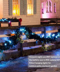 Lit 4 Pack Firework LED Copper Wire Star String Lights With Remote, 8 Modes in festive garden decor on wood fence
