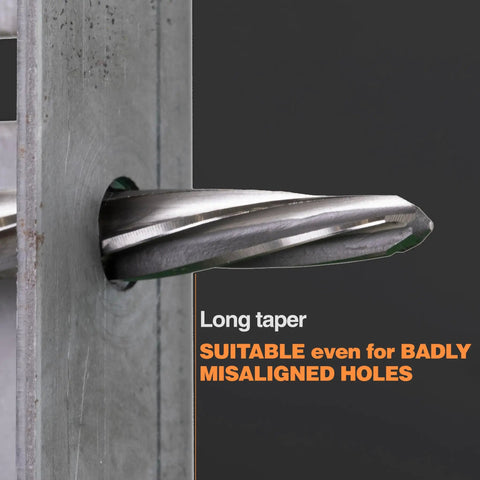 Seven Eighths Inch Bridge And Construction Reamer Drill Bit Built Tough With M2 HSS Taper Chucking For Steel Aluminum Metal Wood Plastic, Half Inch Shank, Spiral Flutes, Enlarges And Aligns Holes, 22mm, showing long taper through misaligned metal hole