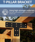 Built Tough T Shaped Mending Plate Bracket Set With Carbon Steel, black T-pillar bracket secured on wooden frame.