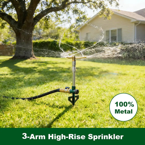 2 Pack Metal Lawn Sprinklers With Adjustable Telescoping Base 3 Arm Sprinkler 360 Degree Rotation in garden setting