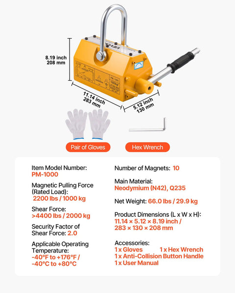 Heavy Duty Permanent Magnetic Lifter 2200 Lbs Neodymium Lifting Magnet With Release Handle And Steel Hook For Shop Cranes And Hoists Lifts Plate Steel And Boards Like A Boss, yellow PM-1000