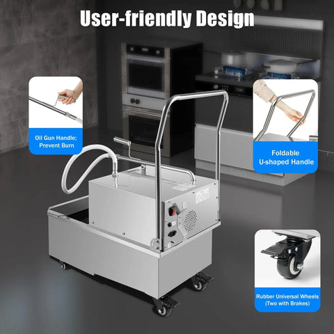 Get Rid Of Grime Now With This Heavy Duty 55L Commercial Stainless Steel Oil Filter Cart For Restaurants showcasing user-friendly design and handles.