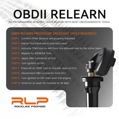 OBDII relearn procedure instructions with TPMS sensor details for Premium TPMS Sensor 433Mhz Tire Pressure Monitoring System Compatible With Chrysler Dodge.