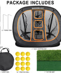 Package components of Pro Grade Golf Chipping Net With Dual Turf Hitting Mat For Indoor And Outdoor Target Training Includes 12 Foam Practice Balls And 2 Pins Perfect For Short Game Distance Control And Real Grass Feel.