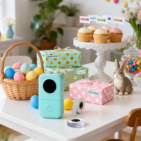 Portable Bluetooth Label Maker D30 With Three Tapes White Gold Clear on table with Easter decorations and gifts