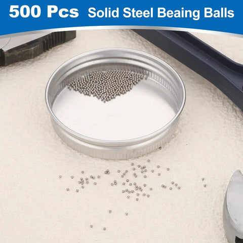 Heavy Duty G10 Precision Bearing Balls 1.2mm Diameter 500 Pack in a tin, showcasing steel spheres for automotive and mechanical use.