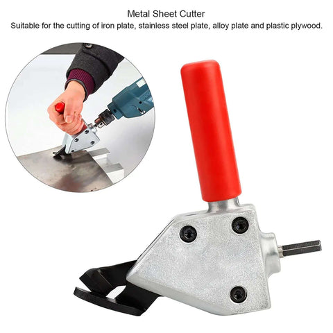 Metal Nibbler Drill Attachment For Sheet Metal Cutting, red handle, turns drill into electric shear, shown cutting metal sheet