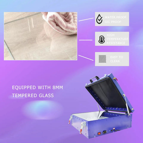 Rugged Tabletop Vacuum Led Uv Exposure Unit For Silk Screen Printing With Automatic Memory Timer Dead Simple Operation Snap Lock Plate And 8 Bright Led Tubes showing 8mm tempered glass cover and cleaning features.