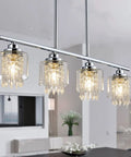 Crystal Pendant Lighting For Kitchen Island, 4 Light Dining Room Fixture with Clear Glass Shades and K9 Crystals in modern kitchen.