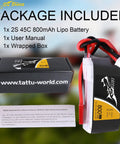 800mAh 7.4V 45C 2S1P LiPo Battery Pack with JST SYP Plug, user manual, and box for small FPV drones shown.