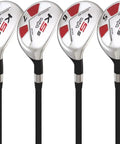 Senior Mens Golf Hybrid Complete Set With Premium Graphite Shafts, Right Handed, Midsize K5s Design clubs arranged in a row