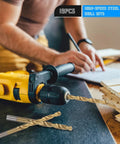 Kisangel 19 Piece Cobalt Drill Bit Set For Hardened Steel and Metal Projects. High Speed Twisted Bits With Impact-Resistant Straight Shank Fit Best In Power Tools And Drills. A Must-Have Kit To Punch Holes Fast Without Breaking. cobalt drill bit in power drill on wood