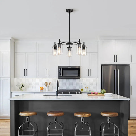 Six Light Brushed Nickel Chandelier With Clear Glass Shades For Dining Room Kitchen Island Foyer And Hallway Modern Farmhouse Pendant Ceiling Light Fixture above kitchen island
