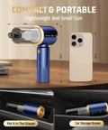 Cordless Car Handheld Vacuum Cleaner With 16000Pa Suction Brushless Motor And HEPA Filter Ultra Lightweight And Compact For Cars And Office No Cords Quick Cleanups Easy Empty Dust Cup Blue, shown next to a smartphone for size comparison.