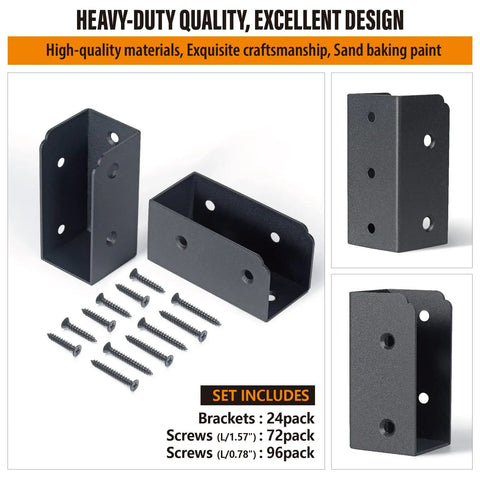 24 Pack Stainless Steel Deck Railing Brackets For 1.5x3.5 Inch Wood Posts Concealed Mount Black Finish Beefy Heavy Duty Build