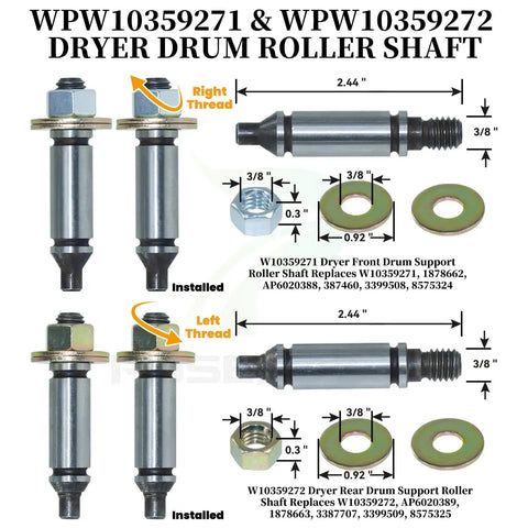 WPW10359271 & WPW10359272 dryer drum roller shaft kit includes front and rear shafts with bolts and washers.