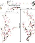 Cherry Blossom Wall Decals Set With Pink And White Flowers And Tree Branches Peel And Stick Wall Art For Living Room And Bedroom Durable Waterproof Self Adhesive PVC Matte Totally Easy To Apply No Residue Left Behind shown with dimensions and floral details