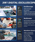 3-in-1 digital oscilloscope with multimeter and waveform generator; Portable 2 Channel 70MHz Oscilloscope With Built In Waveform Generator And Multimeter 3 In 1 Handheld AFG DMM Scope 250MSa/s Single Channel And 125MSa/s Dual Channel Ideal For Electronics Lab Or Field Testing.