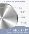 Top view of Heavy Duty Pro Grade 12 Inch Cake Turntable With Aluminum Alloy Stand, showing precision tick marks from 7.9 to 11.2 inches.