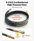 8.2 ft 2.5 m reinforced high-pressure hose with 3/8 inch NPT fitting and protective cap