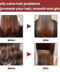 Before and after images showing hair transformation from frizzy to smooth and glossy after treatment.