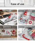 Cozy Holiday Dish Drying Mat With Gnome Design 18 By 24 Inches showing easy storage, absorbent surface, quick drying, and easy cleaning