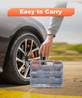 Person holding Orange 34 Compartments Double Sided Small Parts Organizer With Removable Dividers And Clear Lid Tackle Box near car tire