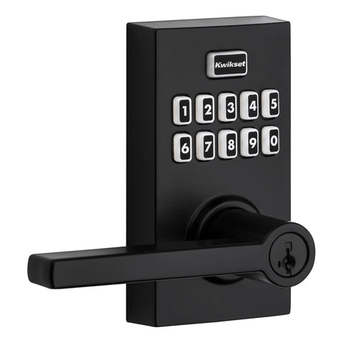 Contemporary Keyless Entry Electronic Deadbolt With Touchscreen Lever And Programmable Access Codes, sleek black design with keypad.