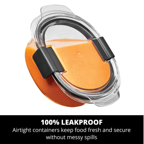 Top Shelf Round Glass Food Storage Containers With Tight Lock Lids Leak Proof Meal Prep Bowls Oven Safe Up To Four Hundred Fifty Degrees close up of orange food storage container with airtight lid