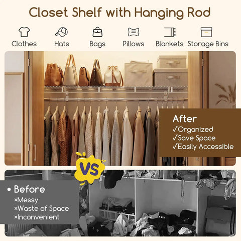 Built Tough Wall Mounted Closet Shelves Featuring Ventilated Heavy Duty Metal Wire Organizers with hanging rod and clothes.