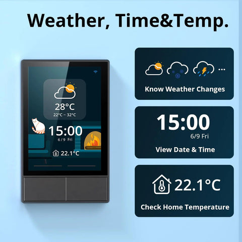 NSPanel Smart Switch 2-Switch Touchscreen Control Hub For One-Tap Scene Modes displaying weather, time, and temperature features.