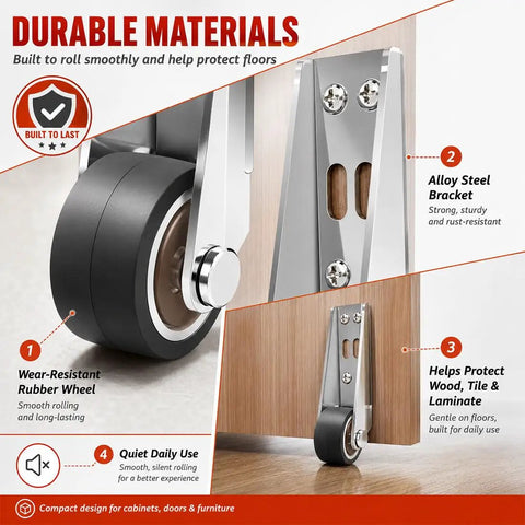 Heavy Duty Vertical Track Roller Wheel For Hella Smooth Sliding Door Bottom Guide Plus Quiet Rubber Caster On Barn Door cabinet gate showing rubber wheel and alloy steel bracket.