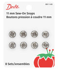 Sew-On Snaps Size 1 Nickel-Plated Brass 8-Count Set for Garments and Outerwear, displayed on a card, suitable for DIY projects.