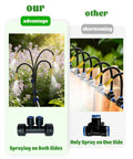 Comparison of 66Ft Drip Irrigation System With 40 Nozzles showing dual-head, 360-degree sprays vs single-side spray.