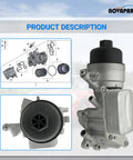 Durable Engine Oil Cooler Filter Housing For Mini Cooper Clubman Countryman Paceman Compatible With 2010 2015 R56 R57 R58 R59 R60 R61 1.6L N18 Gas Engine OEM 11428643745 Cross 11427583112, showing top view with gaskets and ports.