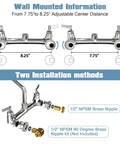 Wall Mount Commercial Kitchen Faucet With 8 Inch Center Spout, showing adjustable mounting options and brass nipples for 3 compartment sinks.