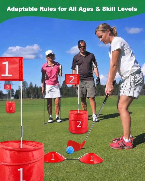 Adults playing with Adjustable Dual Length Golf Clubs For Backyard Practice on grass with red markers and targets.