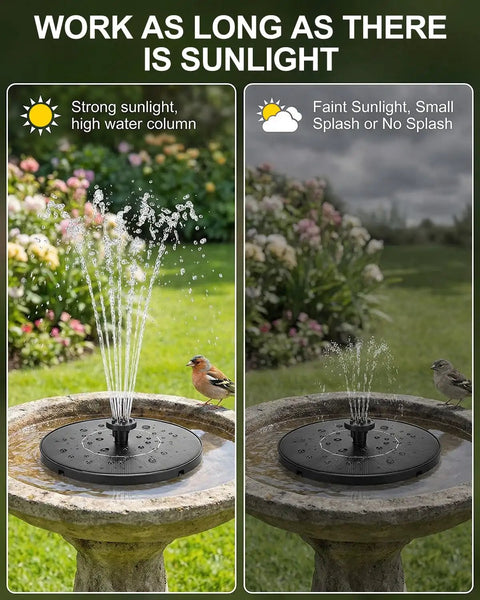 Comparison of Sun Powered Bird Bath Fountain Pump 1.4W Upgrade With 7 Nozzles in strong and faint sunlight conditions.