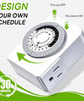 24 Hour Mechanical Outlet Timer With Dual Grounded Receptacles For Indoor Use showing manual pin dial features and plug-in design.