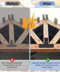 Before and after showing Heavy Duty Steel T Bracket Post Plate Kit With Fifty Six Socket Screws stabilizing wooden roof structure.