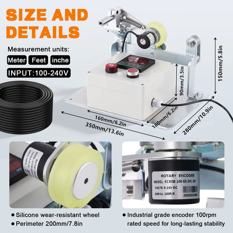 No Sweat Wire And Cable Length Counter With Measuring Wheel, Straight Shooter Alarm And Preset Controls For Yards Feet Inches Meters, a detailed image showing size and specifications.