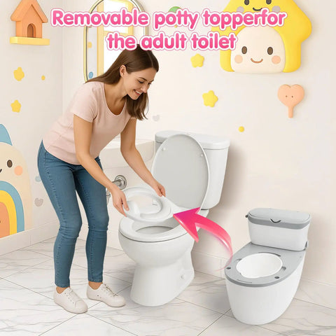 Tot Sized Three In One Potty Training Toilet With Realistic Flush Sounds And Removable Seat in use above adult toilet.