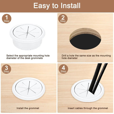 4Pack White Desk Grommet Cable Management Kit, Durable Plastic Table Hole Covers With 2.09 Inch Opening installation guide steps