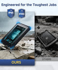 Built Like A Tank Rugged Tablet With Integrated Barcode Scanner 10.1 Inch Windows 11 Pro shown with IP65 rating in tough environment.