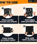 Card Shipping Protector Kit With Bubble Mailers And Tape Seals For Collectible Cards, Includes 110 Card Protectors, 55 Bubble Mailers, 250 Seals, Black, usage instructions with step-by-step guide